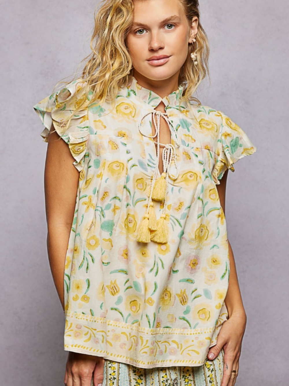 POL Yellow Floral Tassel Ruffled Sleeve Top
